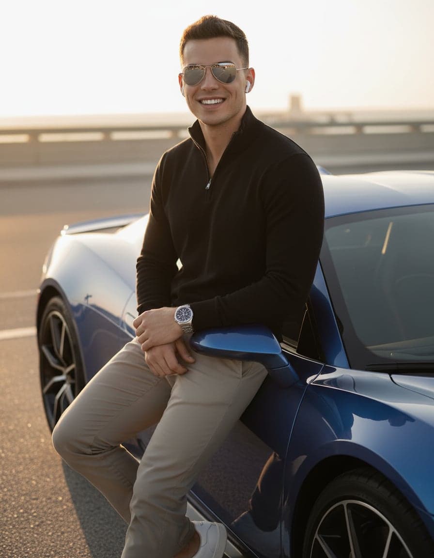 selfie leaning on a shiny supercar in sunglasses, Theo Vance