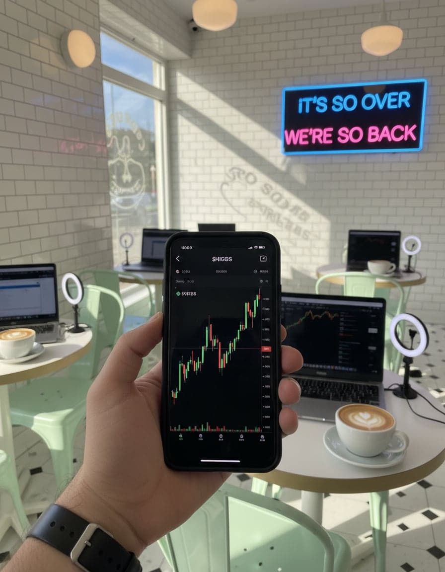 Phone screenshot of a crypto trading app showing the $HIGGS price chart, candlesticks going up in green, no other readable text.