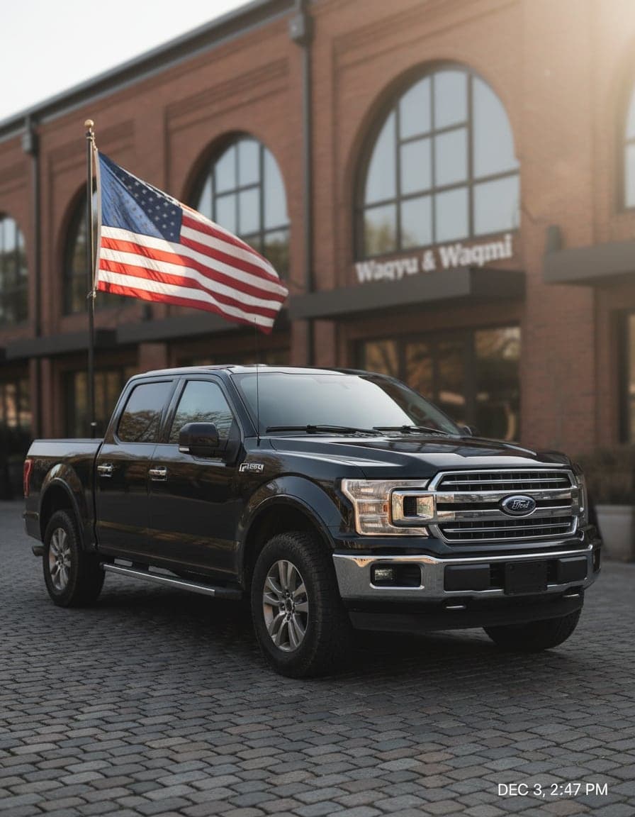 big pickup truck with an American flag in a driveway