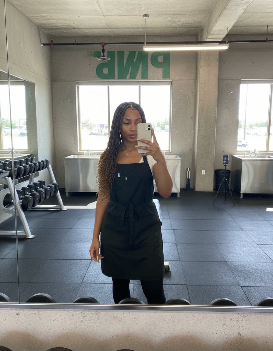 Mirror selfie of Jasmine Brooks at Pump Fitness.