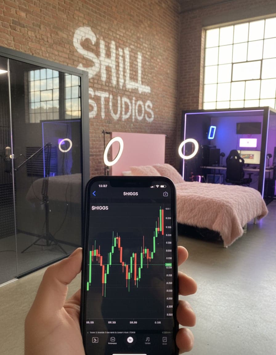 Phone screenshot of a crypto trading app showing the $HIGGS price chart, candlesticks going up in green, no other readable text.