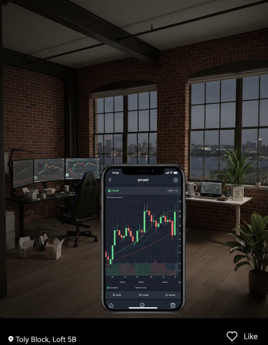 Phone screenshot of a crypto trading app showing the $PUMP price chart, candlesticks going up in green, no other readable text.