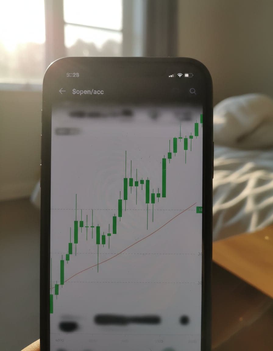 Phone screenshot of a crypto trading app showing the $open/acc price chart, candlesticks going up in green, no other readable text.