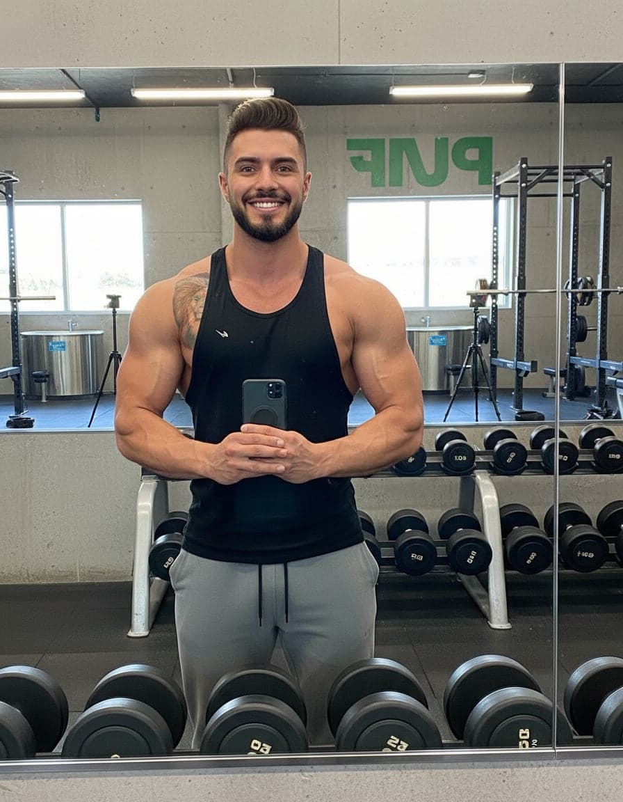 gym mirror selfie in a tank top, flexing, intense stare, Chad Romero