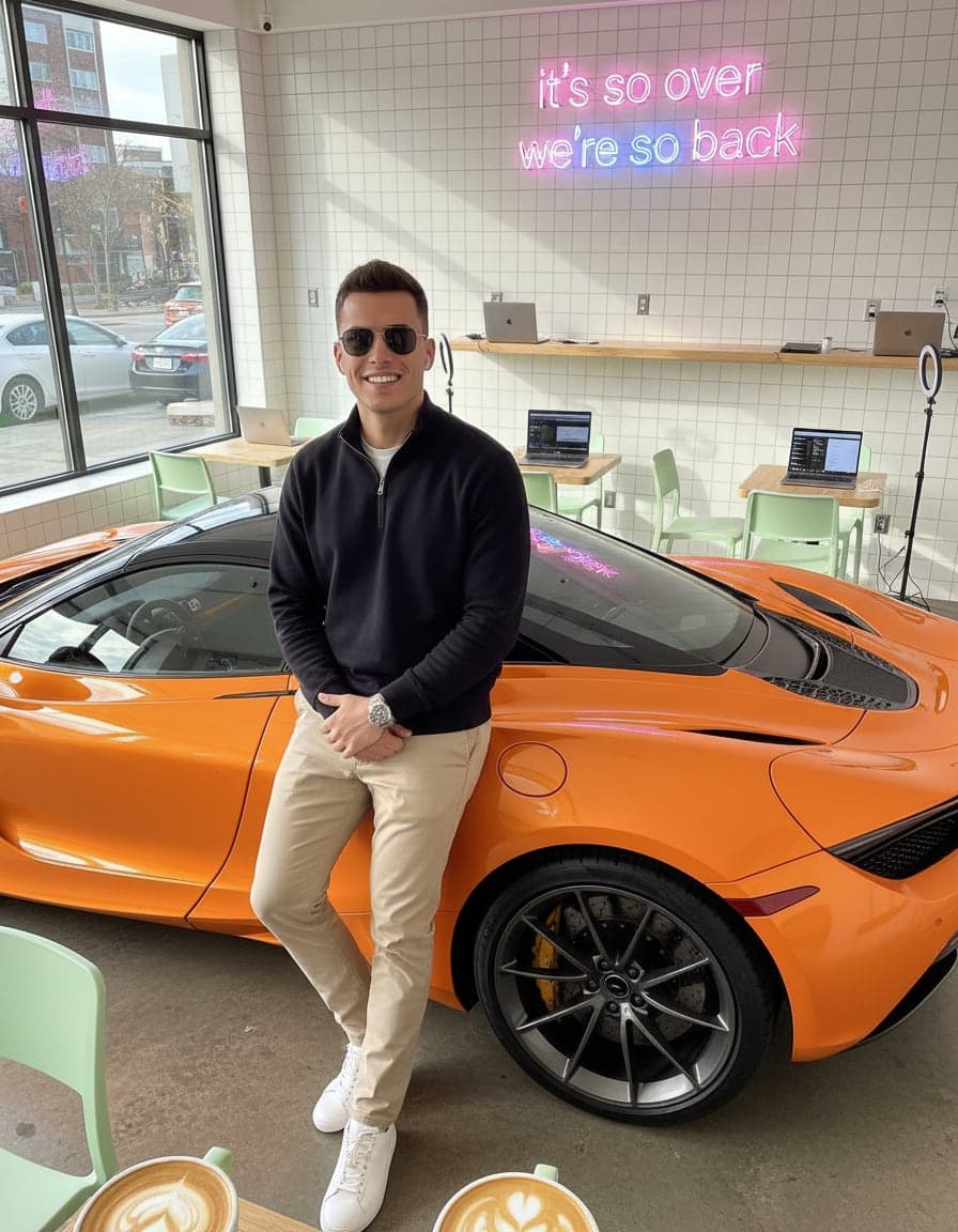 selfie leaning on a shiny supercar in sunglasses, Theo Vance