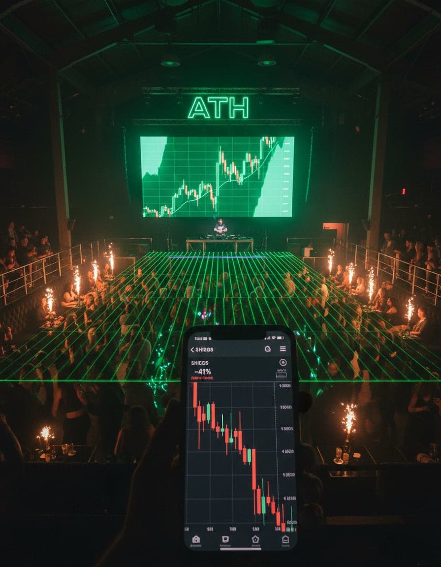 Phone screenshot of a crypto trading app showing the $HIGGS price chart (-41%), candlesticks crashing in red, no other readable text.