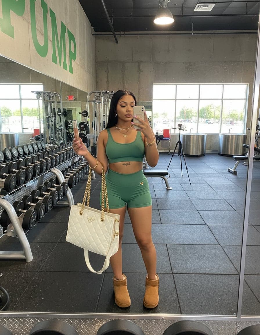 Mirror selfie of Bella Cruz at Pump Fitness.