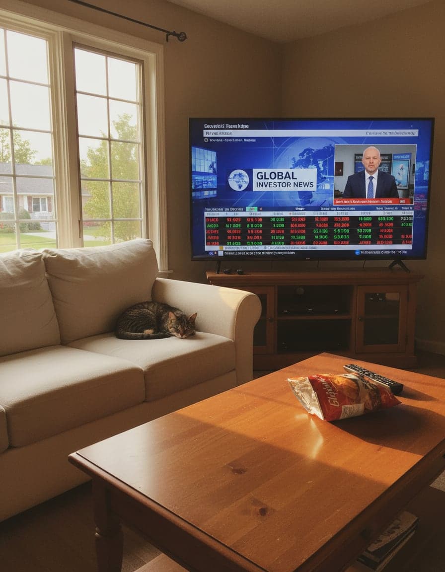 big TV showing a business news channel with stock tickers in a suburban living room