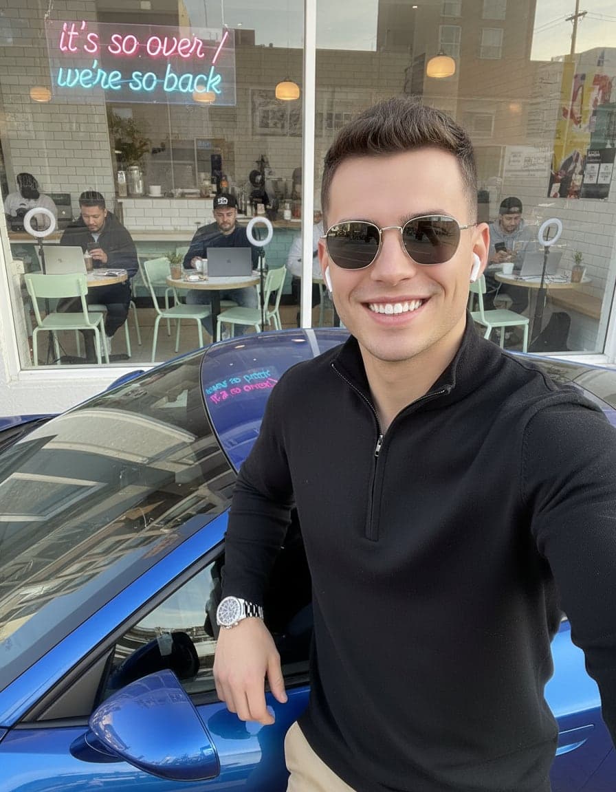 selfie leaning on a shiny supercar in sunglasses, Theo Vance