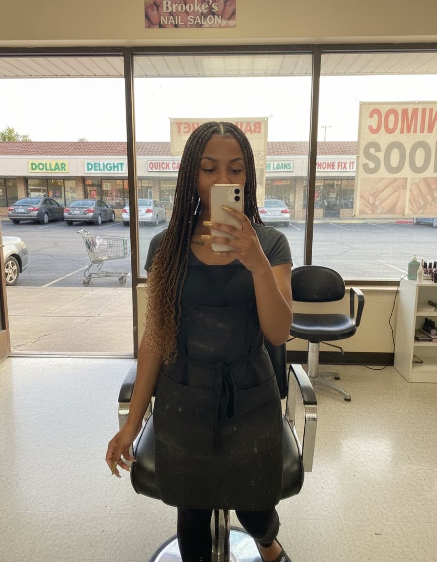 Mirror selfie of Jasmine Brooks at Floor Price Plaza.