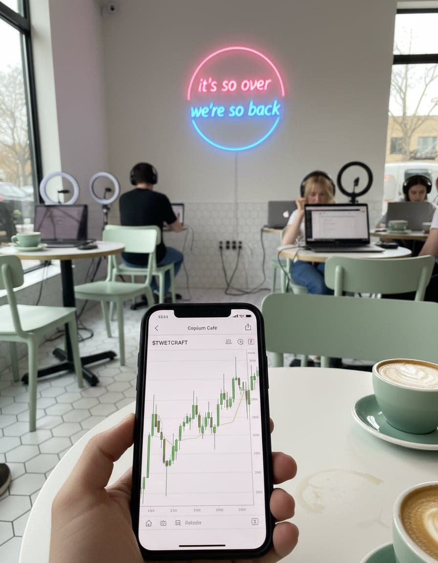 Phone screenshot of a crypto trading app showing the $TWEETCRAFT price chart, candlesticks going up in green, no other readable text.
