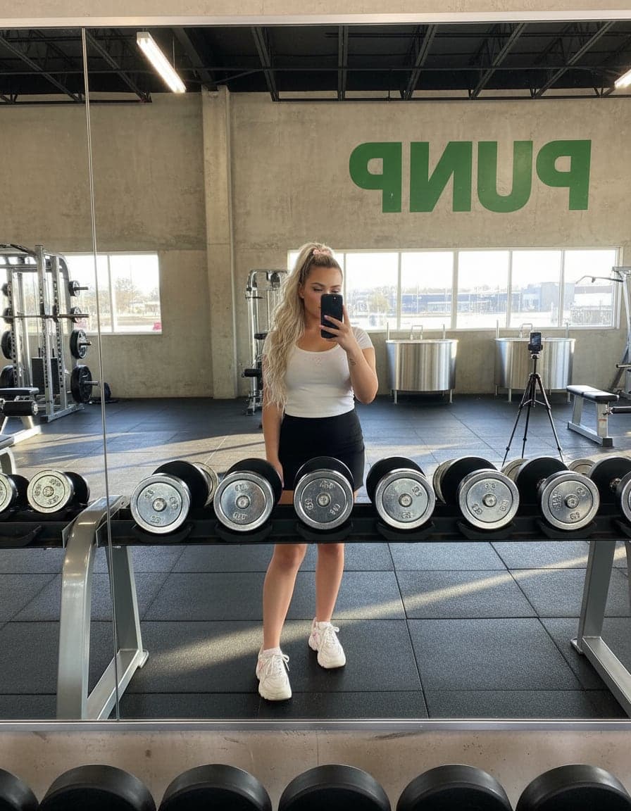 Mirror selfie of Brooke Lynn Carter at Pump Fitness.