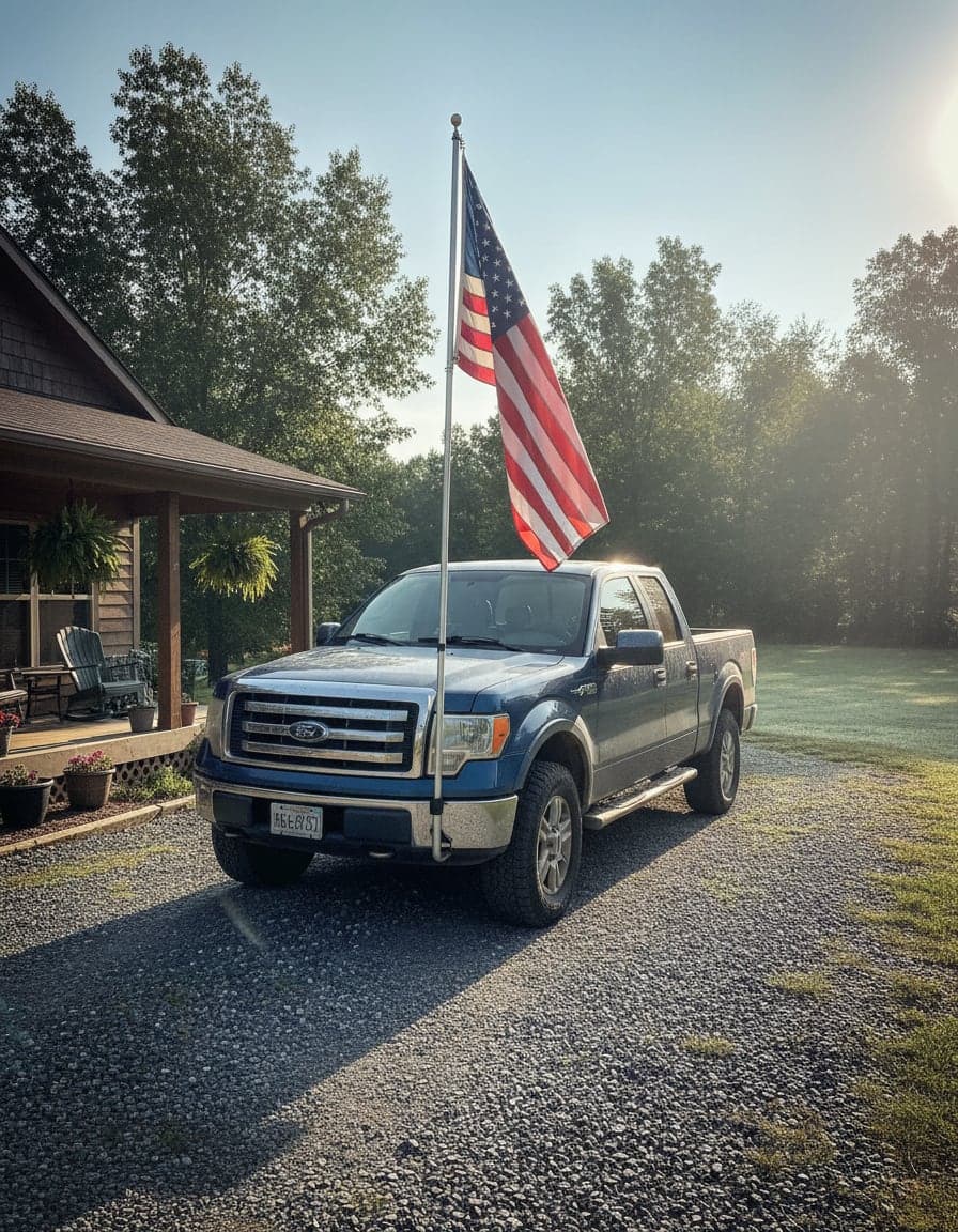 big pickup truck with an American flag in a driveway
