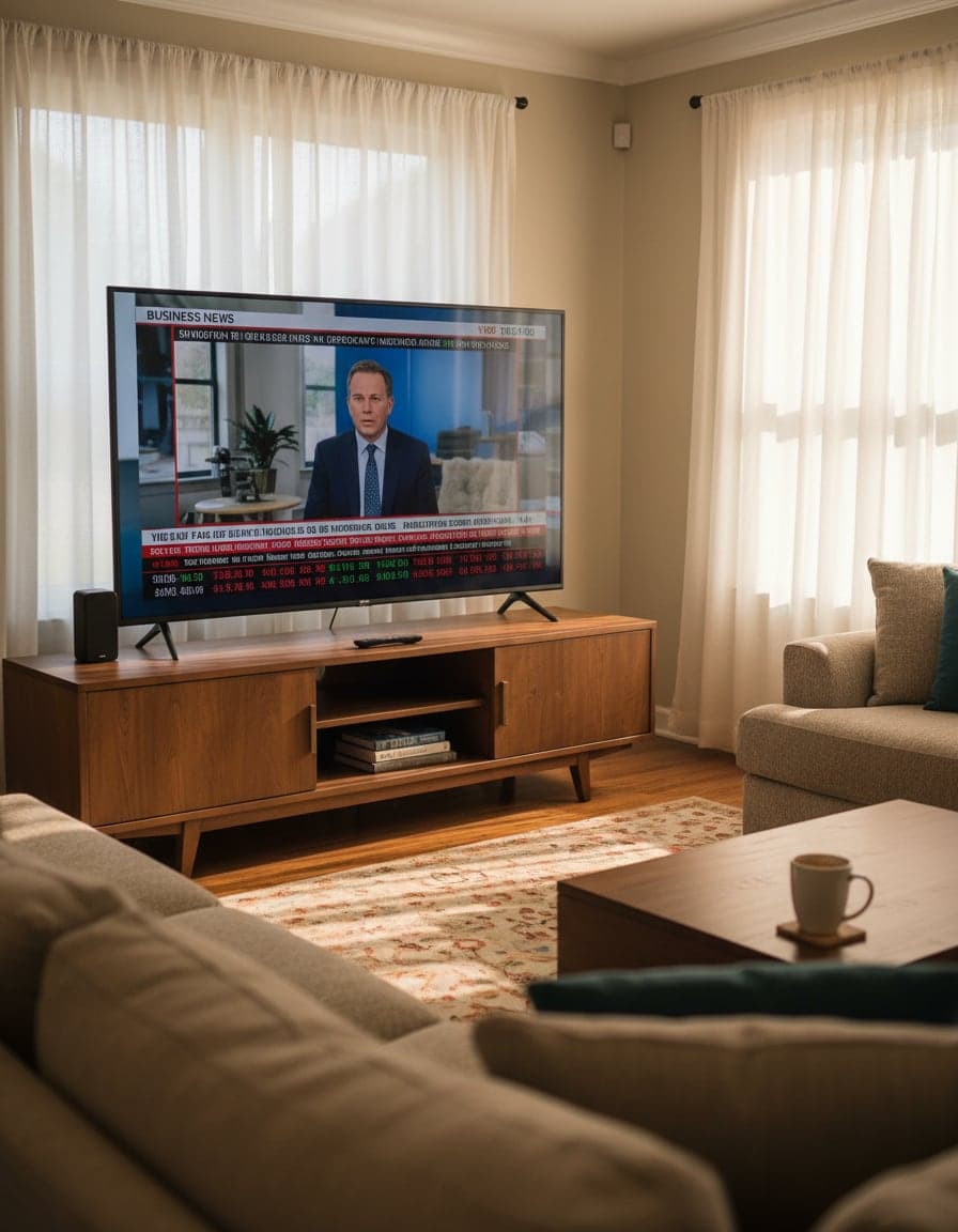 big TV showing a business news channel with stock tickers in a suburban living room