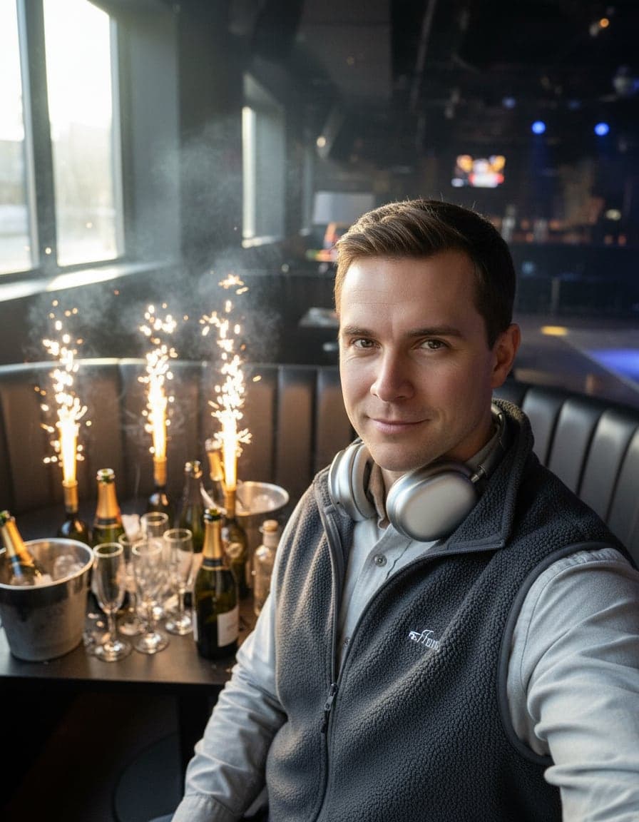 nightclub VIP booth selfie with bottles and sparklers, Victor Lang