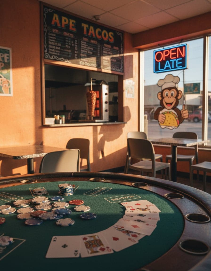 casino table with chips and cards under neon light