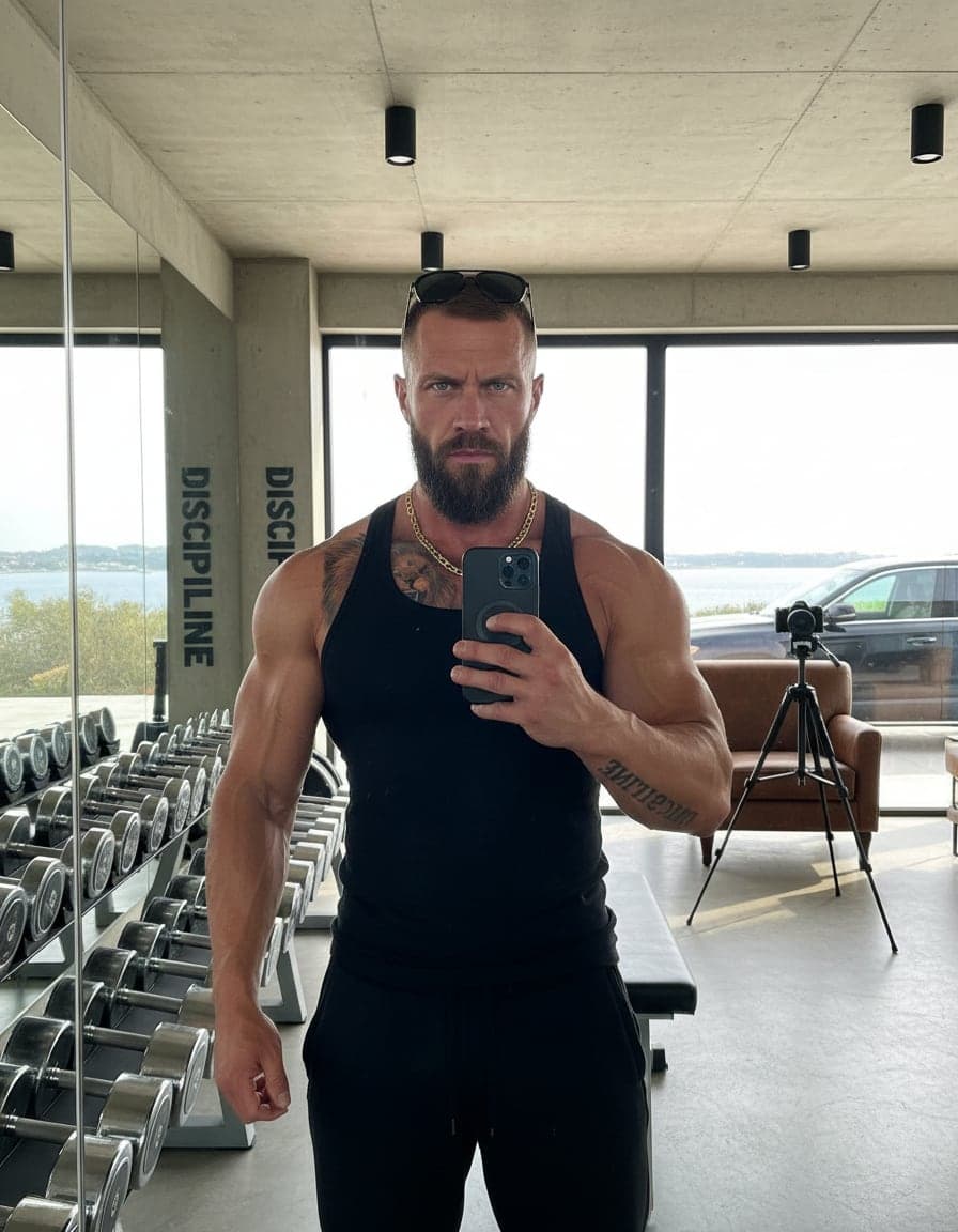 gym mirror selfie in a tank top, flexing, intense stare, Brent Kowalski
