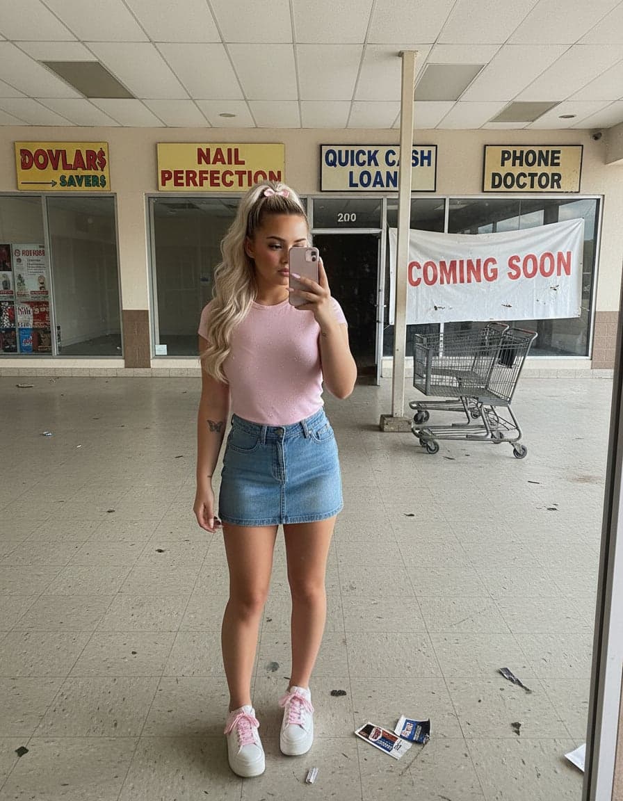Mirror selfie of Brooke Lynn Carter at Floor Price Plaza.